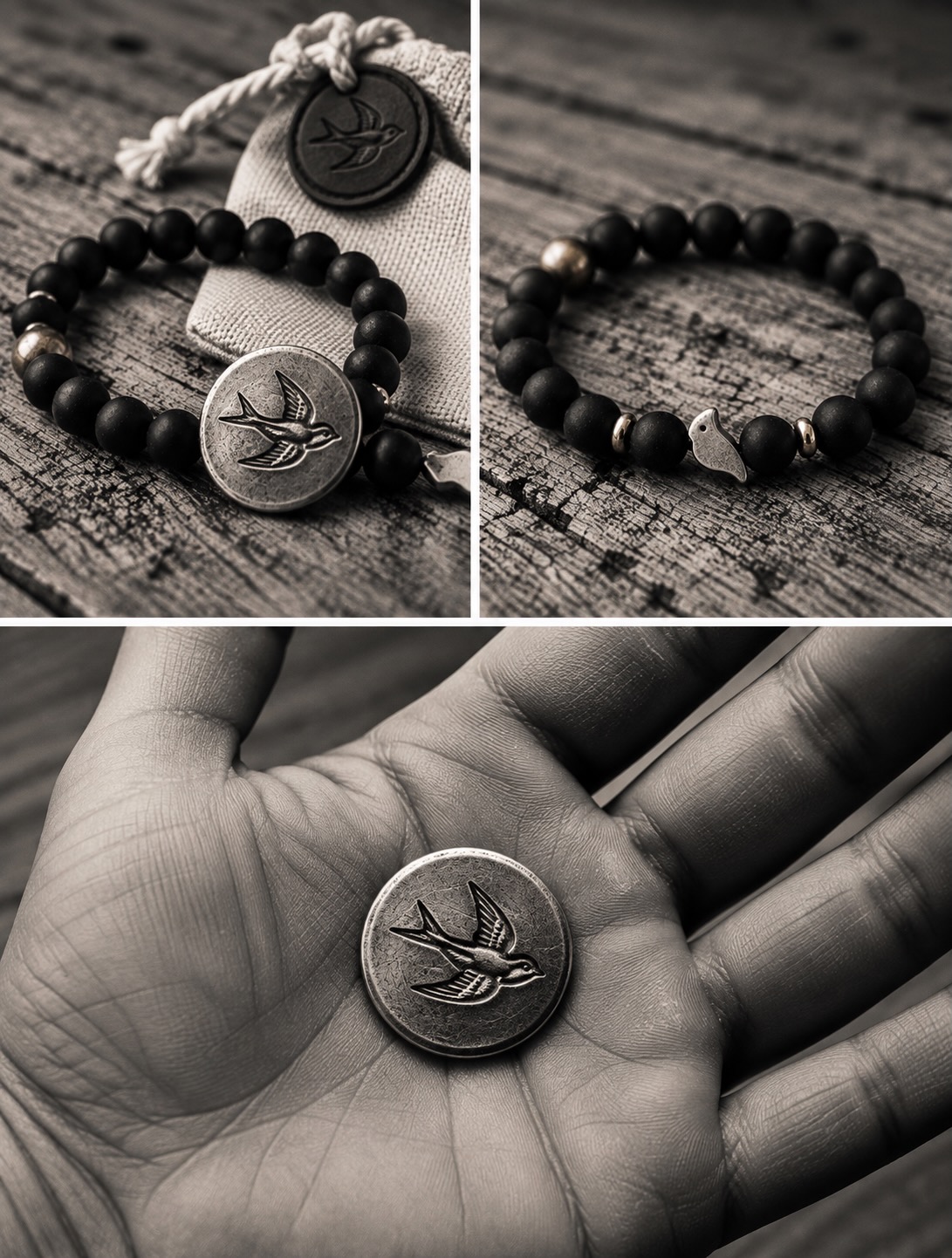 The pocket sparrow, the bracelet, and the bag