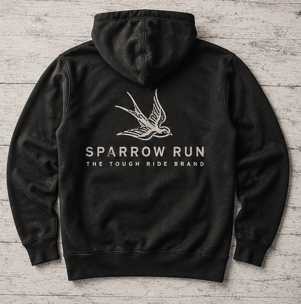 Black hoodie with the full Sparrow Run lockup on the back
