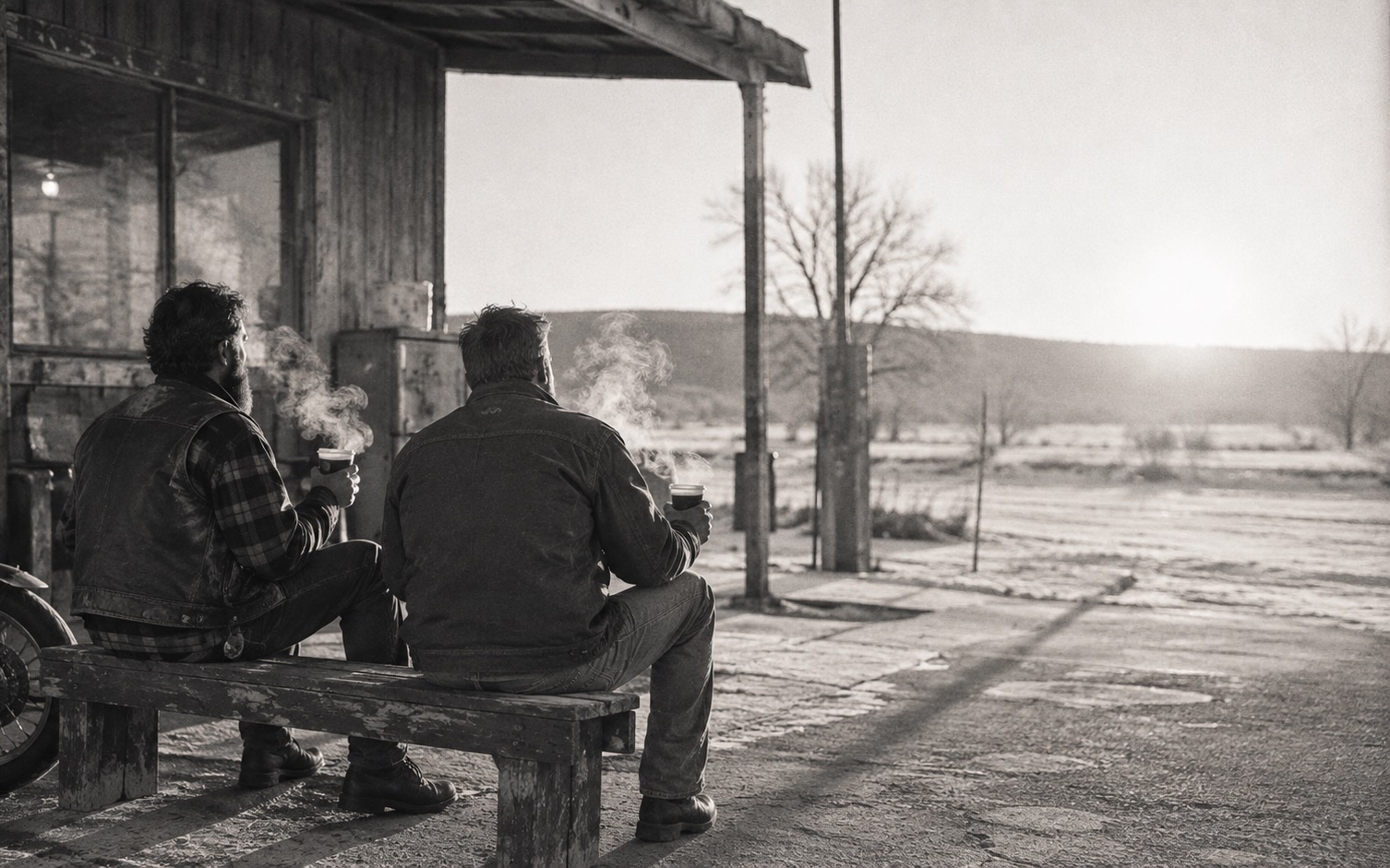 Two riders sharing coffee on a bench outside a gas station on a cold morning