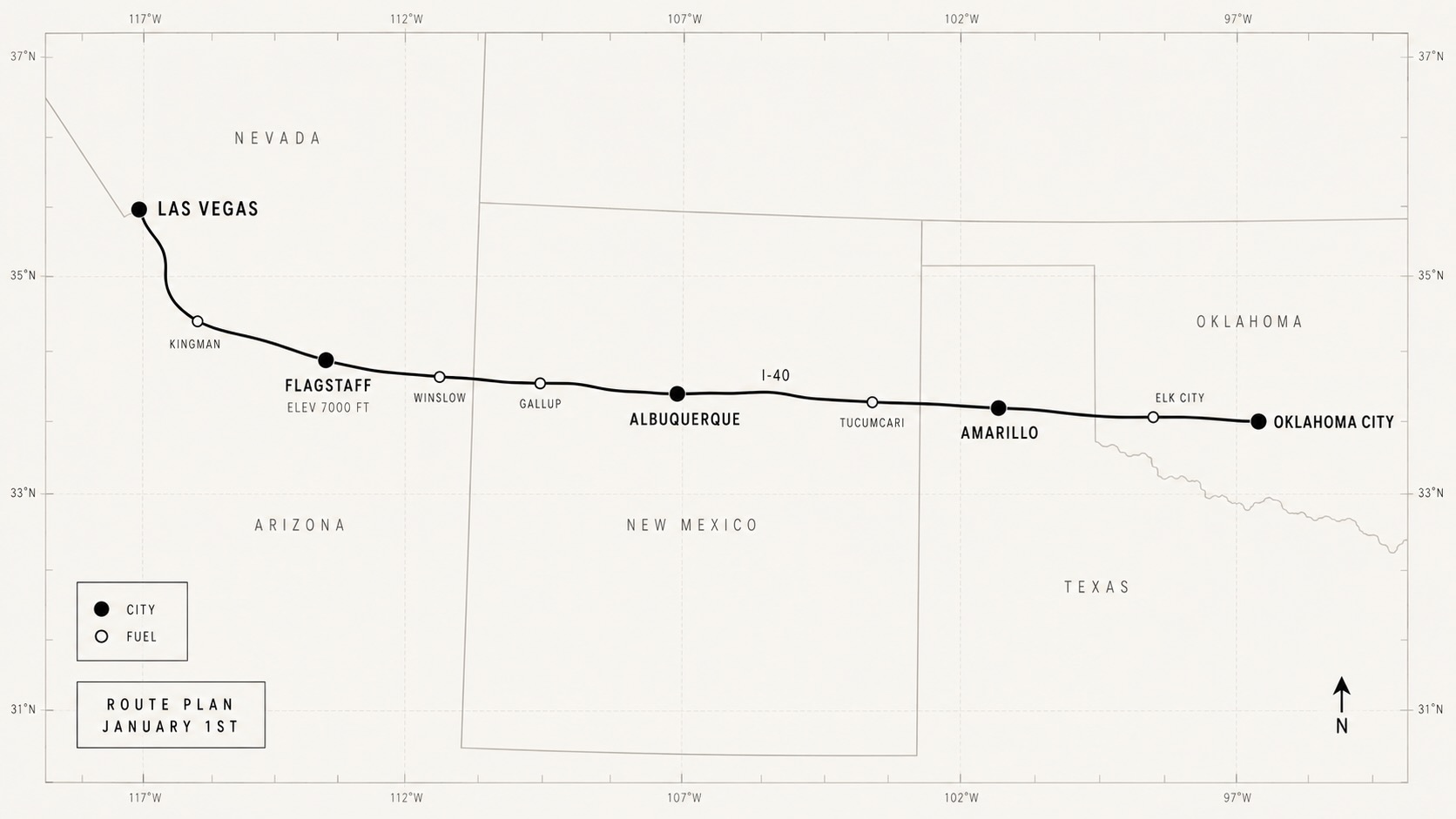 Route plan: I-40 from Oklahoma City through Amarillo, Albuquerque, and Flagstaff to Las Vegas, with fuel stops marked