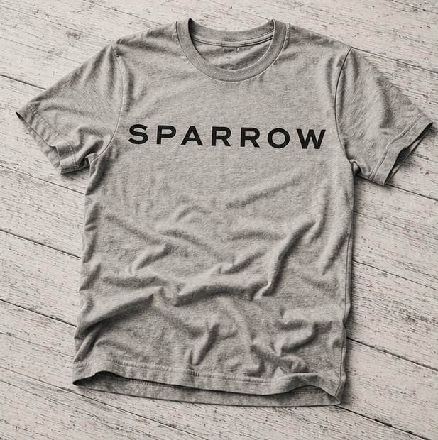Gray tee with SPARROW across the chest
